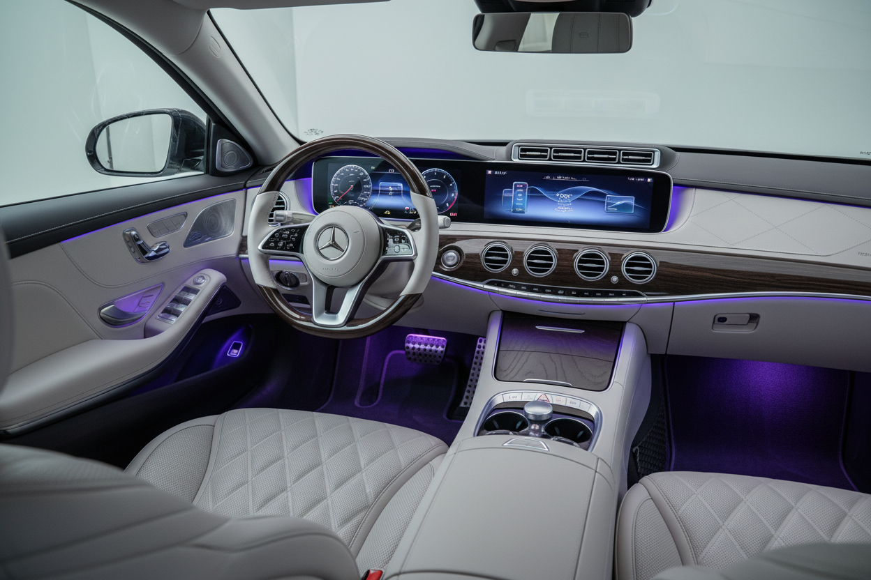 photo of a interior of a Mercedes benz with ambient lighting  